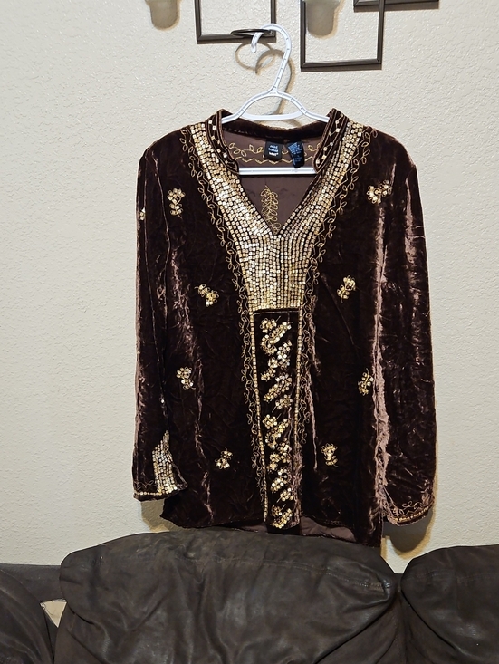 Saint Tropez West Tops - Saint Tropez West Brown Velvet Tunic with Gold Embellishment